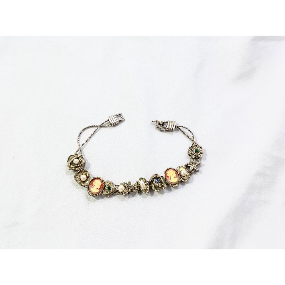 Vintage Slide Charm Bracelet with 10 Charms - Cameo, Flowers, Bee, Heart, Star